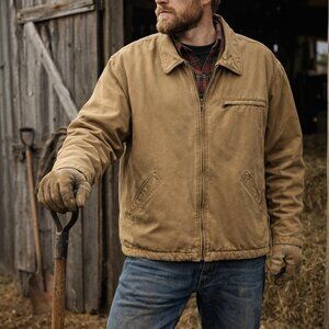 Men's Duck Barn Chore Canvas Sherpa Fleece Lined Brown Jacket Sz XL